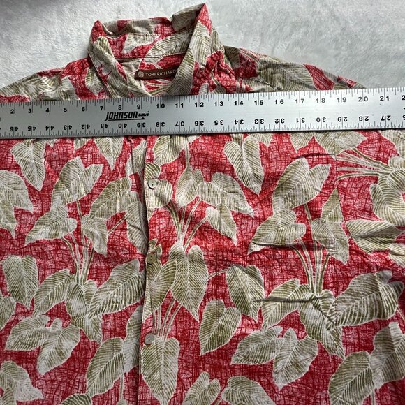 Tori Richard Mens Leaf Print Button-Up Hawaiian Shirt 1XB Red/Green Cotton Lawn - Picture 5 of 7